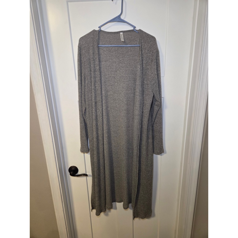 Emerald Gray Ribbed Longline Duster Cardigan Open Front Sweater Plus Size 1X
